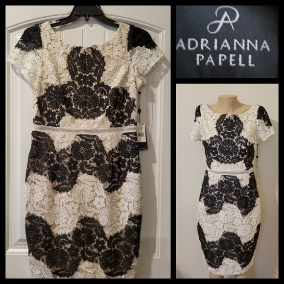 🆕️Adrianna Papell black & ivory stripe lace sheath dress 14 - Picture 1 of 10